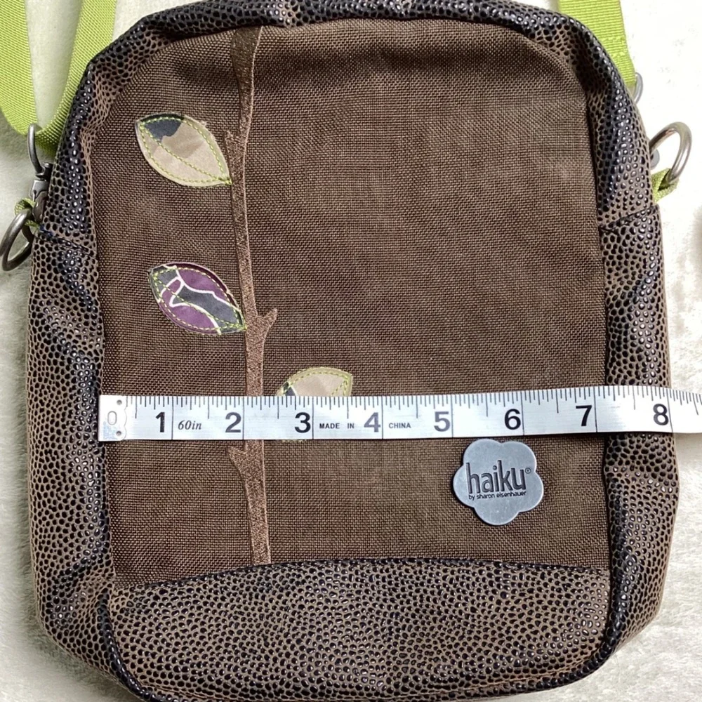 Haiku by Sharon Eisenhauer Brown Canvas Leaf Embroidered Crossbody Bag Messenger